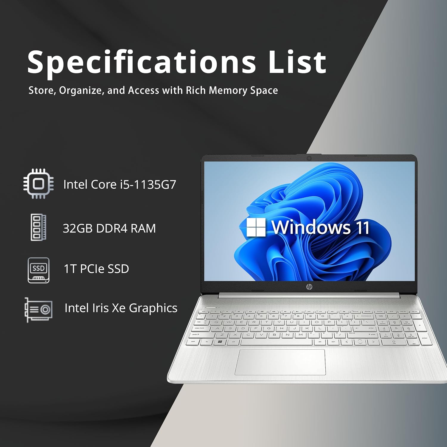 HP 15.6' FHD Laptop for Business & Students, Intel i5-1135G7, 32GB RAM, 1TB PCIe SSD, Iris Xe Graphics, Numeric Keypad, True Vision HD Camera, Wi-Fi 6, Win 11 Pro, Silver, 32GB Hotface USB Card