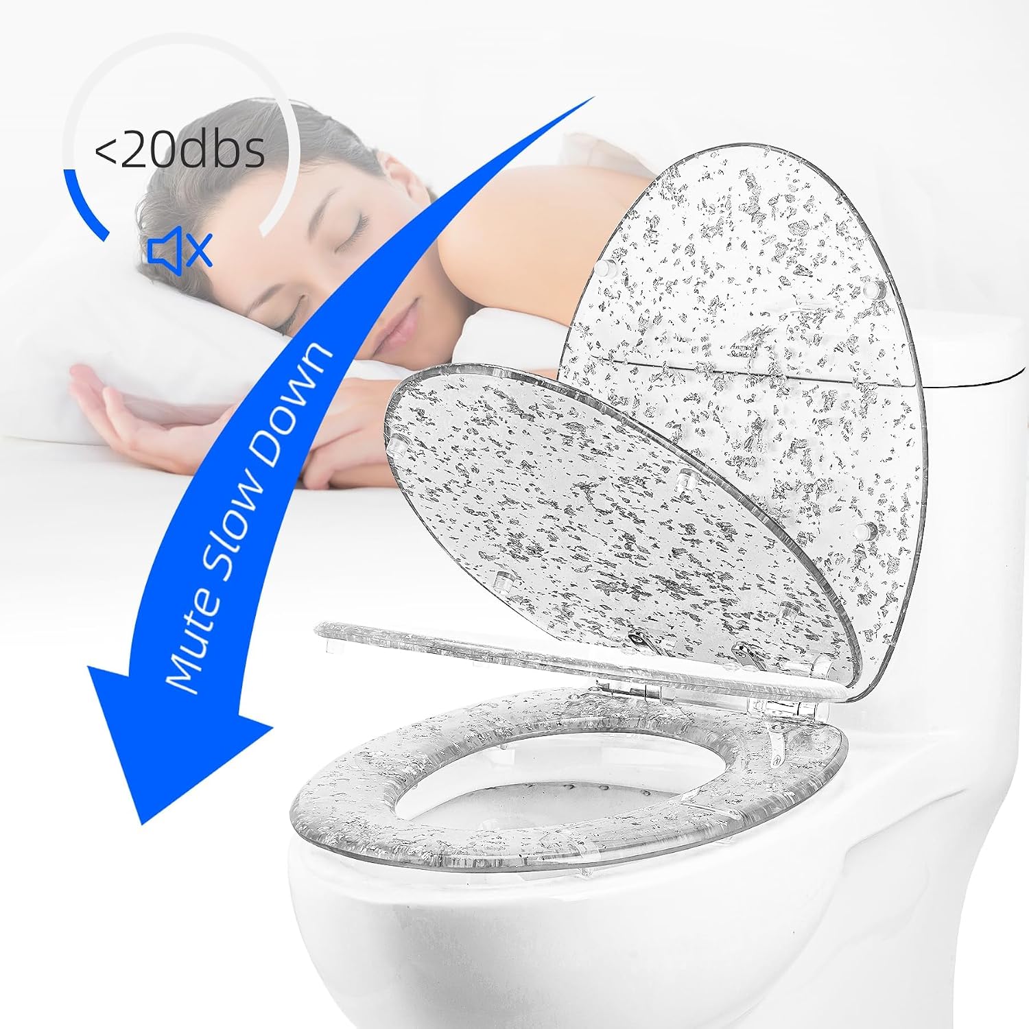 Resin Toilet Seat Elongated Soft Close Toilet Seat Easy Clean & 360° Adjustable Hinges, Quick Release Heavy Duty Toilet Seats with Glitter Cover,Silver(Gold Leaf)