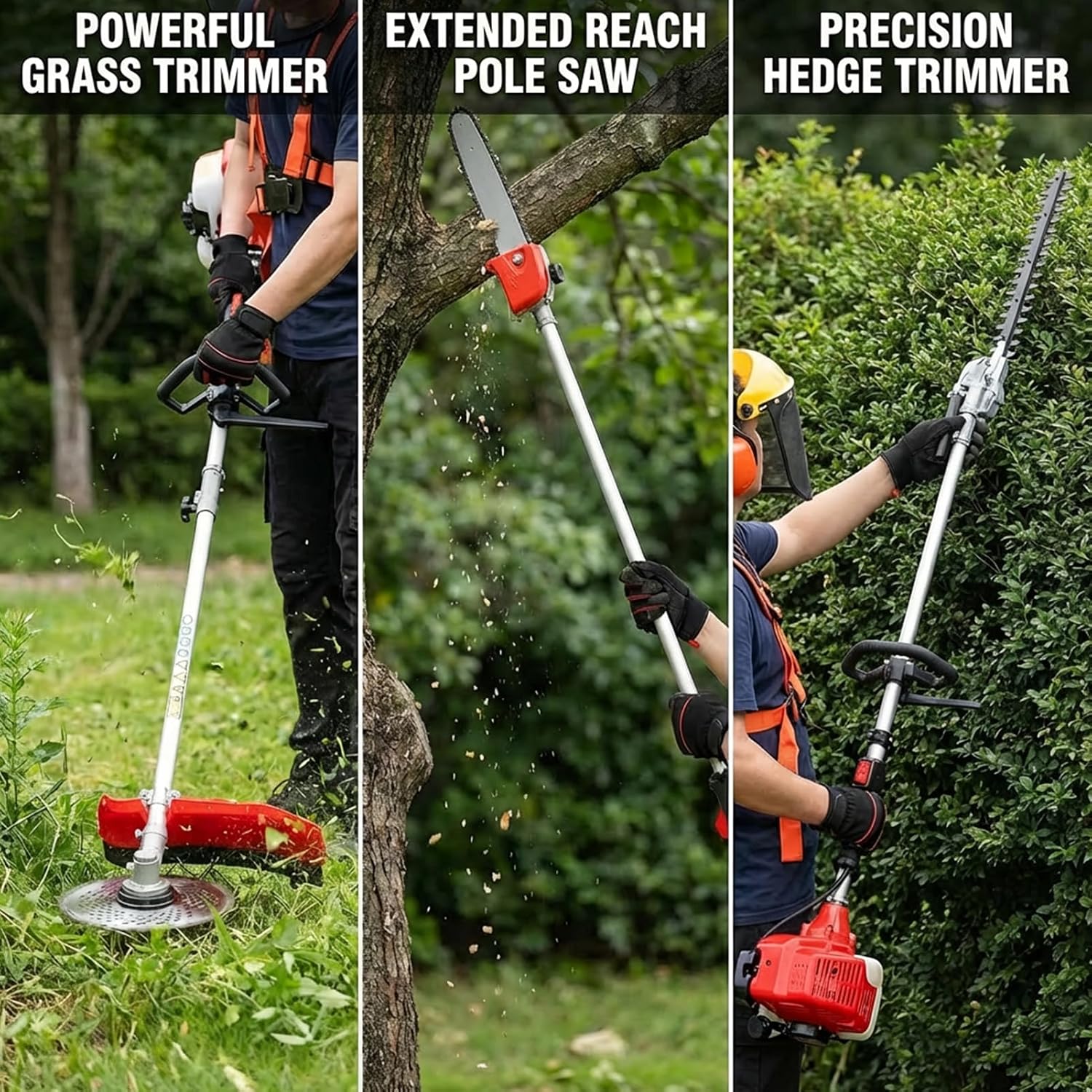 5 in 1 Gas Weed Eater, 52cc 2-Cycle Grass Trimmer & Hedge Trimmer, Brush Cutter, Weed Wacker Gas Powered, Pole Saw with Extension Pole, String Trimmer for Home, Garden, Lawn Care (Red)
