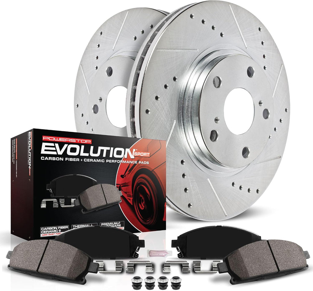 PowerStop Rear Brake Kit for Ford Fiesta 2014-19 | Ford Focus 2001-07 - Drilled and Slotted Disc Rotors with Carbon-Fiber Ceramic Brake Pads Replacement, K1363