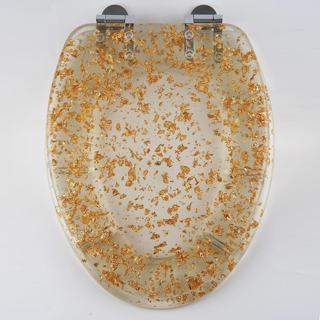 Resin Toilet Seat Elongated Soft Close Toilet Seat Easy Clean & 360° Adjustable Hinges, Quick Release Heavy Duty Toilet Seats with Glitter Cover,Silver(Gold Leaf)