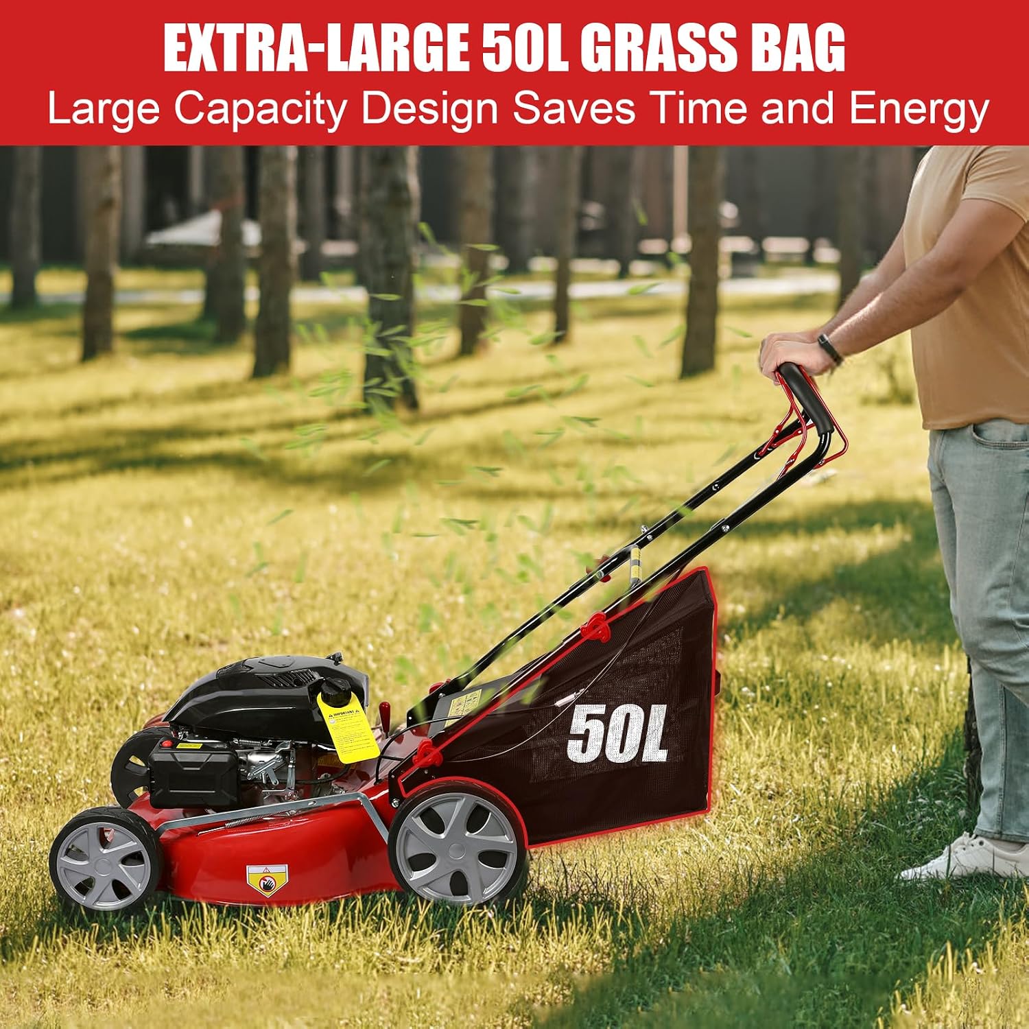 Self Propelled Gas Lawn Mower, 141cc 4-Stroke Push Lawn Mower, 20 Inches Walk-Behind Lawn Mowers, Cordless Lawn Mowers Manual Lawn Mowers with 50L Grass Tank ＆ Big Wheels for Home, Yard, Gard