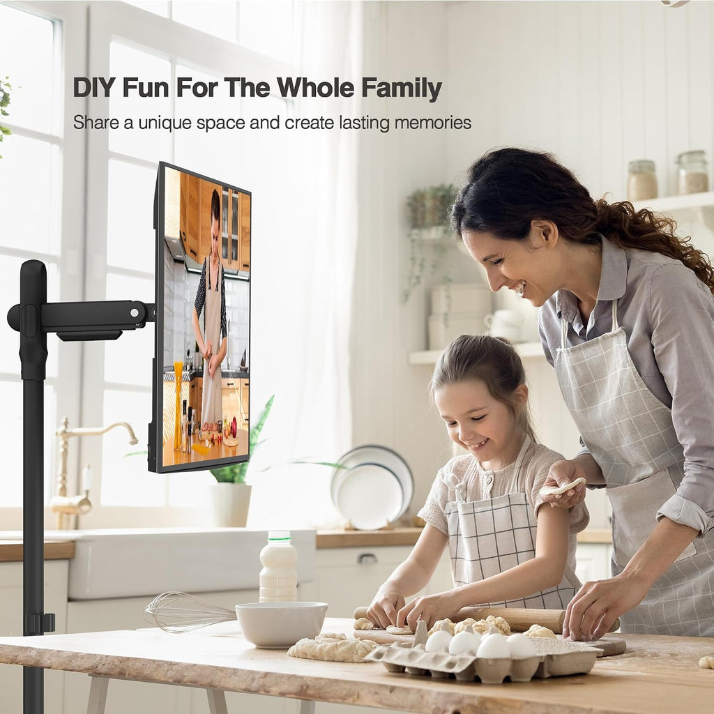 AVLT Single 17 to 43 Inch Portable Monitor Arm TV Rolling Stand with Heavy Base for Screens Up to 22 lbs, Mechanical Spring Height Adjustment, Screen Rotation, Mobile Low Profile Caster Wheel, Black
