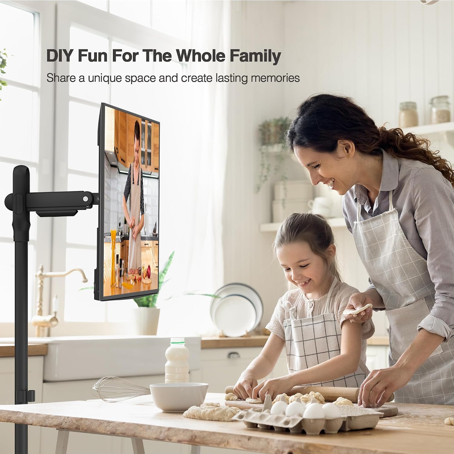 AVLT Single 17 to 43 Inch Portable Monitor Arm TV Rolling Stand with Heavy Base for Screens Up to 22 lbs, Mechanical Spring Height Adjustment, Screen Rotation, Mobile Low Profile Caster Wheel, Black