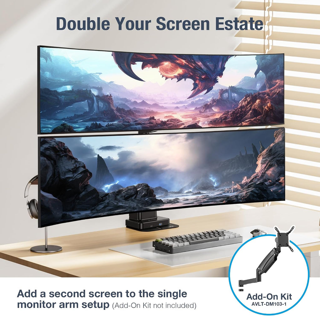 AVLT Single 57 Inch Heavy Duty Monitor Arm Pole Top Mount with USB-C/A Ports-Black, Height Adjustable, Easy Install Top C-Clamp/Grommet with Reinforcement Plates, VESA Compatible 200/100/75
