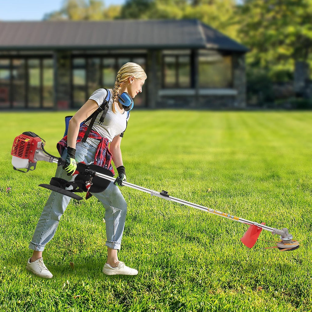 Gas Powered Weed Wacker, 650W 26CC 2-Stroke Gasoline Weed Eater 8500RPM High Speed String Trimmer, Single-Cylinder Air-Cooled Weed Wacker with 2 Blade Heads, Portable Grass Trimmer for Home Lawn