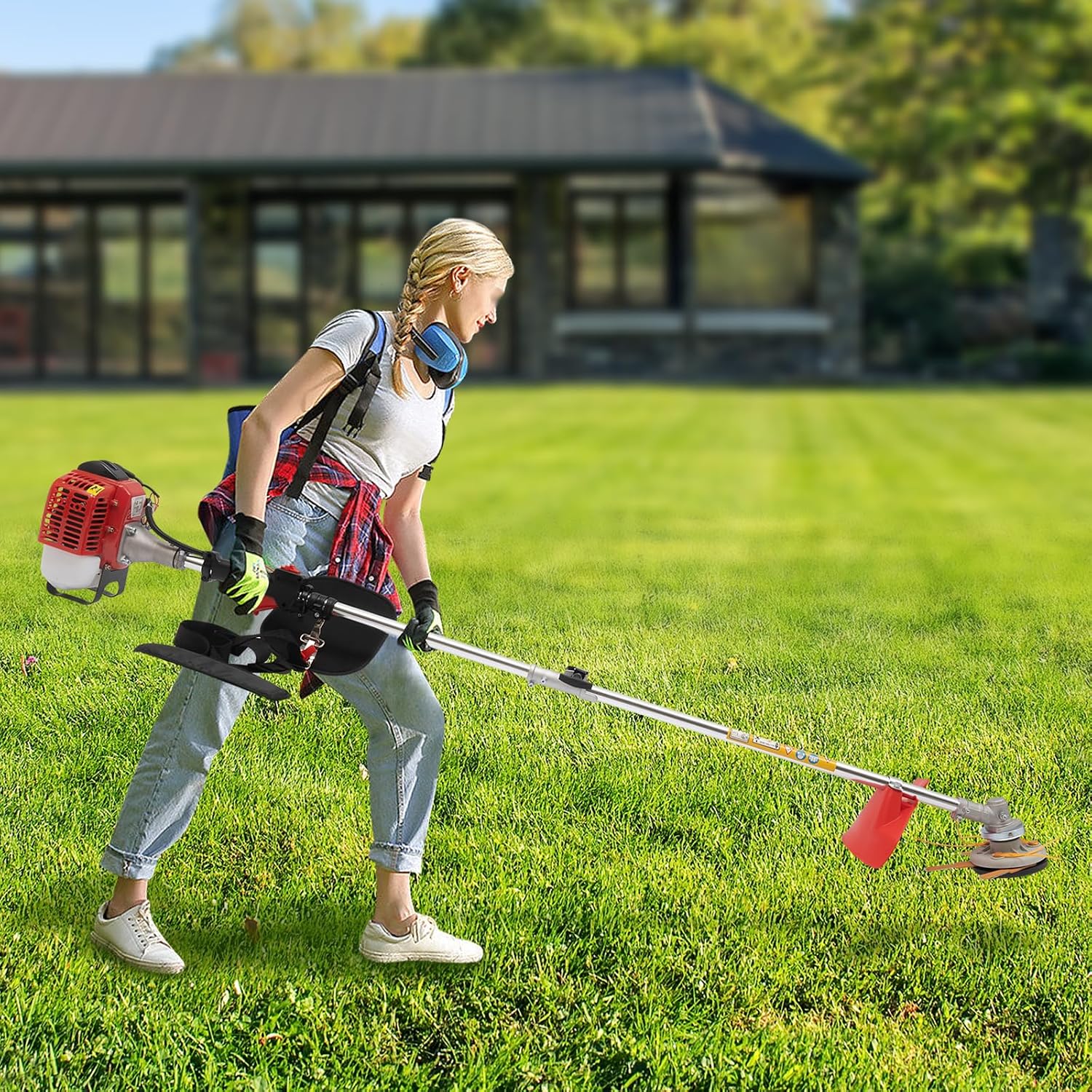 Gas Powered Weed Wacker, 650W 26CC 2-Stroke Gasoline Weed Eater 8500RPM High Speed String Trimmer, Single-Cylinder Air-Cooled Weed Wacker with 2 Blade Heads, Portable Grass Trimmer for Home Lawn