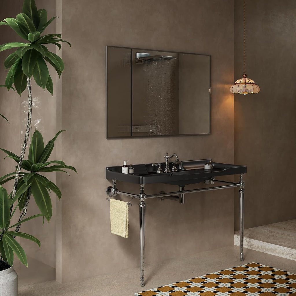 48' Free Standing Bathroom Vanity with Stainless Steel Chrome Supporting Leg and Towel Rack, Black Bathroom Console Sink with 3 Tap Holes, Black