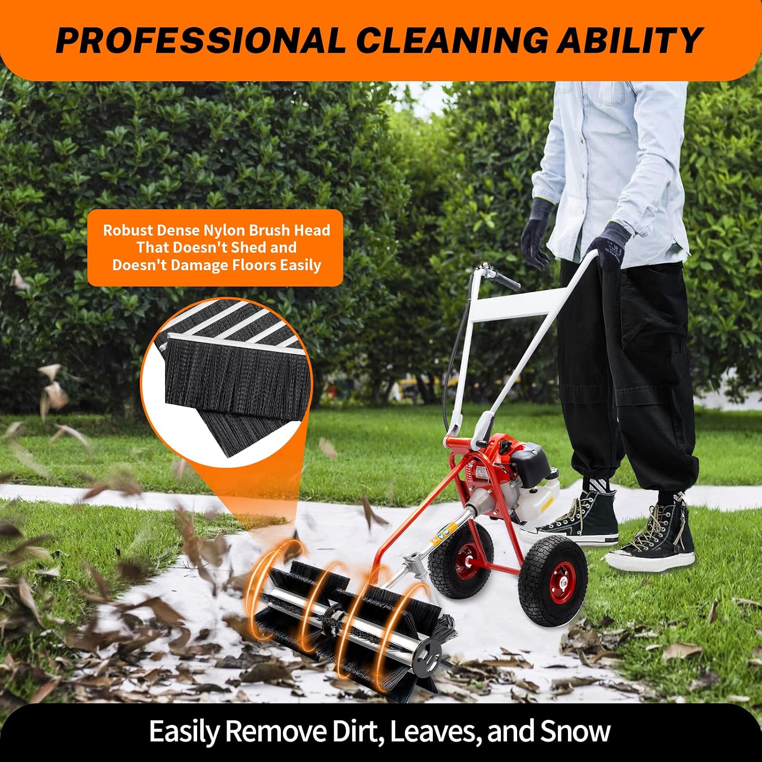 Gas Power Sweeper 43CC 1.7HP Sweeping Broom for Lawn Carpet Artificial Grass Brush Sweeper with Gearbox and Height-Adjustable Handle Snow Cleaning Machine