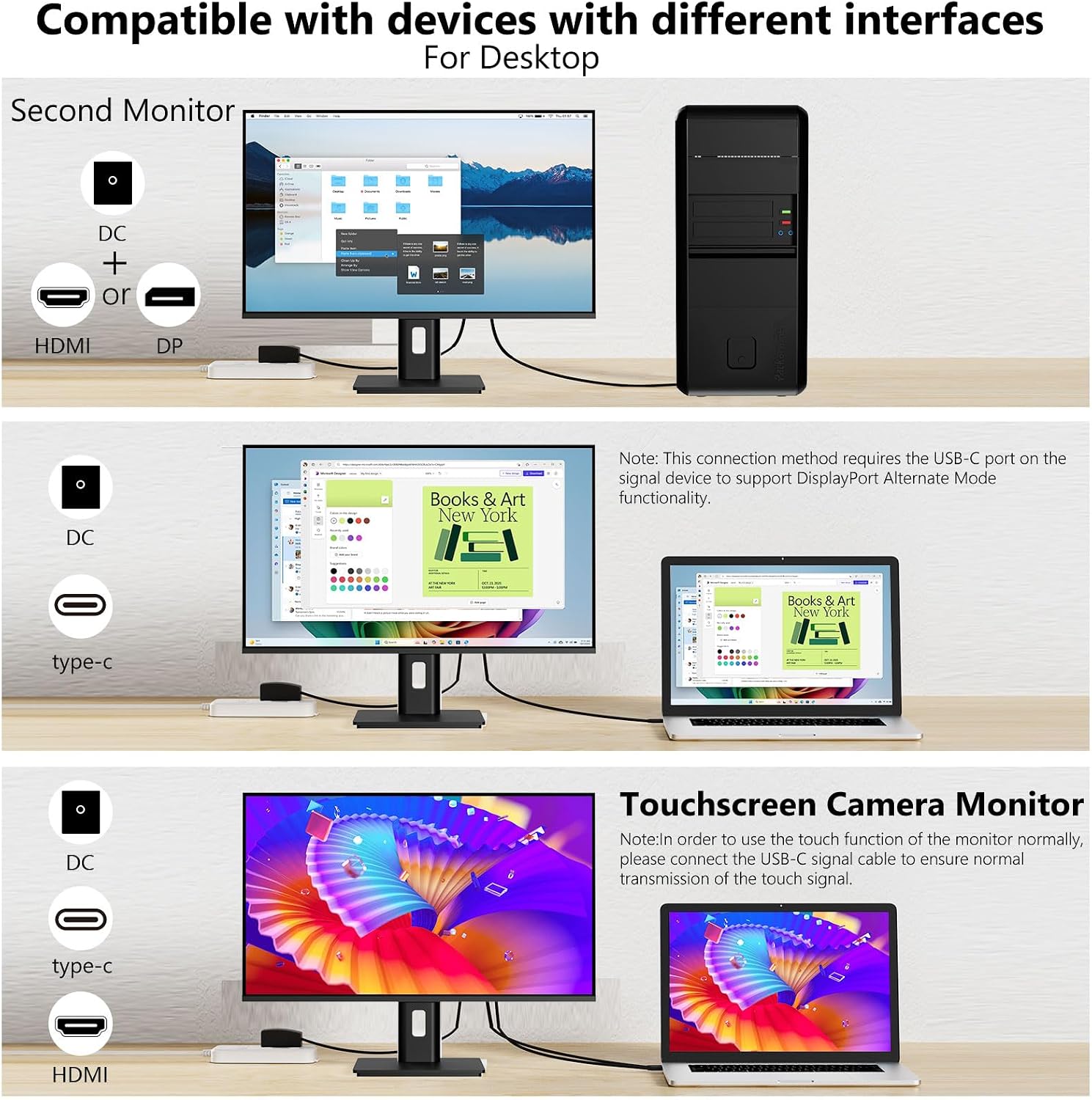 Touchscreen Monitor 24 Inch with Webcam Full HD 2560x1440P @100Hz 10-Point Multi Touch Screen PC Monitor, HDMI VGA USB Port, Built-in Speakers