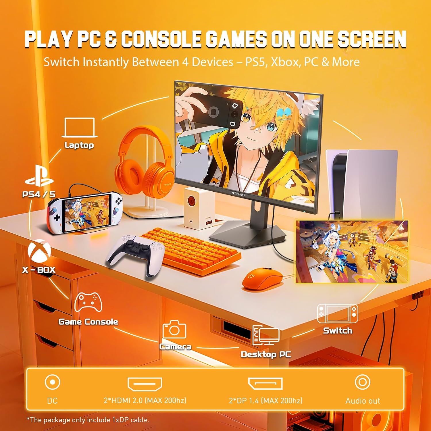SANSUI Gaming Monitor 27 inch 1440p 200Hz 180Hz, WQHD Fast IPS 1ms Computer Monitor, FreeSync Premium | Brightness 400Nits | 130% sRGB | 10Bits | HDR | ErgoStand | VESA Mount | 2×DP 1.2 & 2×HDMI