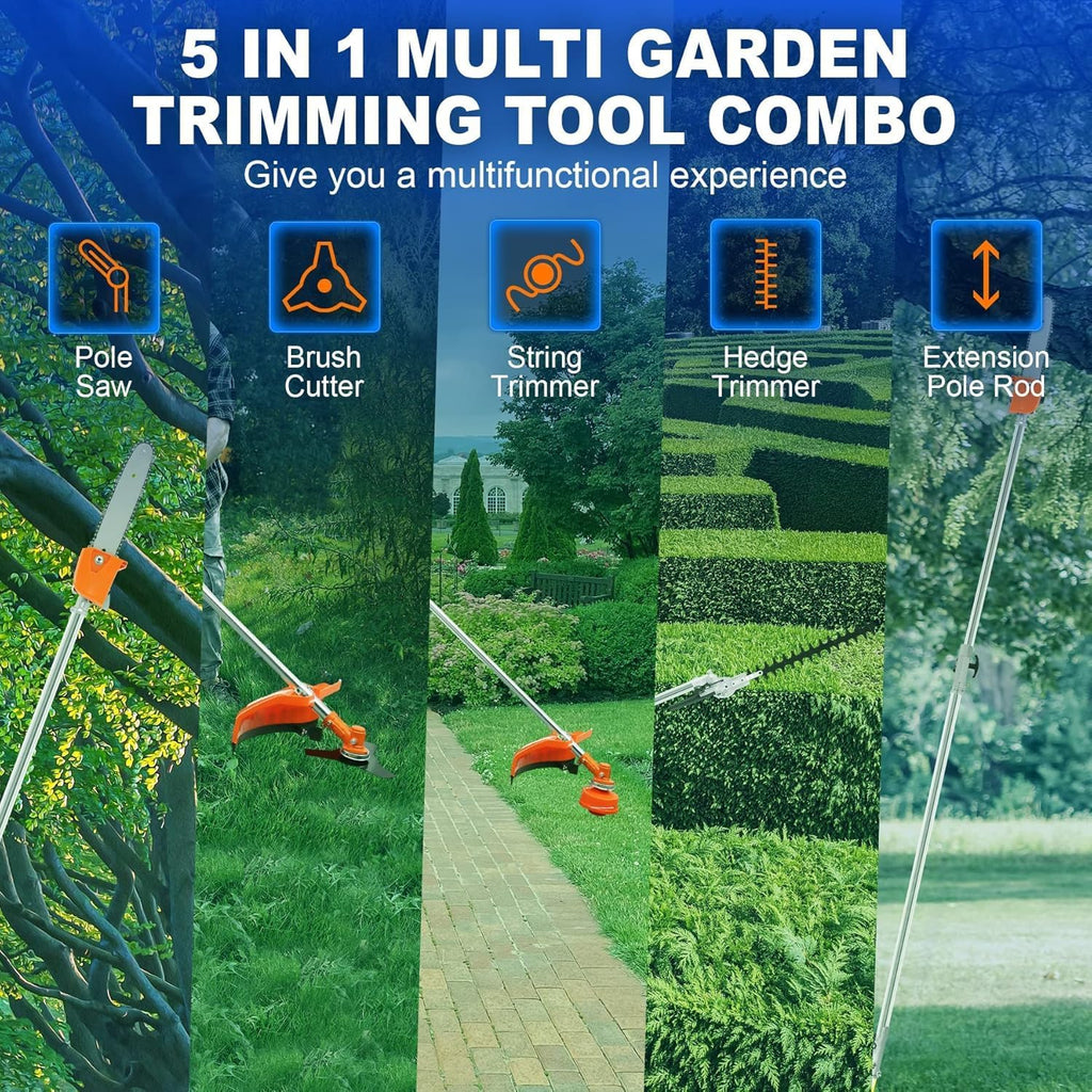 52cc Grass Trimmers 2-Cycle Gas Trimmer 5-in-1 Multifunctional Trimming Tool, Hedge Trimmer, Gas Powered Weed Eater, String Trimmers, Brush Cutter, Edger, Pole Saw Chainsaw Pruner with Extension Pole