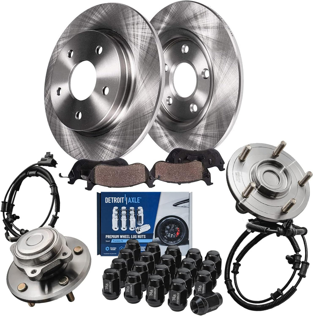 Detroit Axle - Rear Brake Kit for Chrysler Town & Country Dodge Grand Caravan VW Routan, Disc Brake Rotors Ceramic Brakes Pads Wheel Bearing Hubs Wheel Lug Nuts Replacement: 12' inch Rotor
