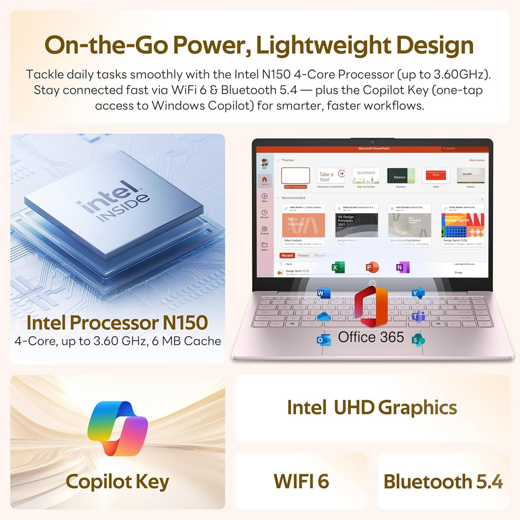 HP Flagship 14' HD Student&Business Laptop with AI Copilot, 13th Gen Intel 4-Core, 4GB RAM, 256GB Storage (128GB UFS + 128GB Docking Station), 1 Year Office 365, 720p Webcam, Win 11, Tranquil Pink