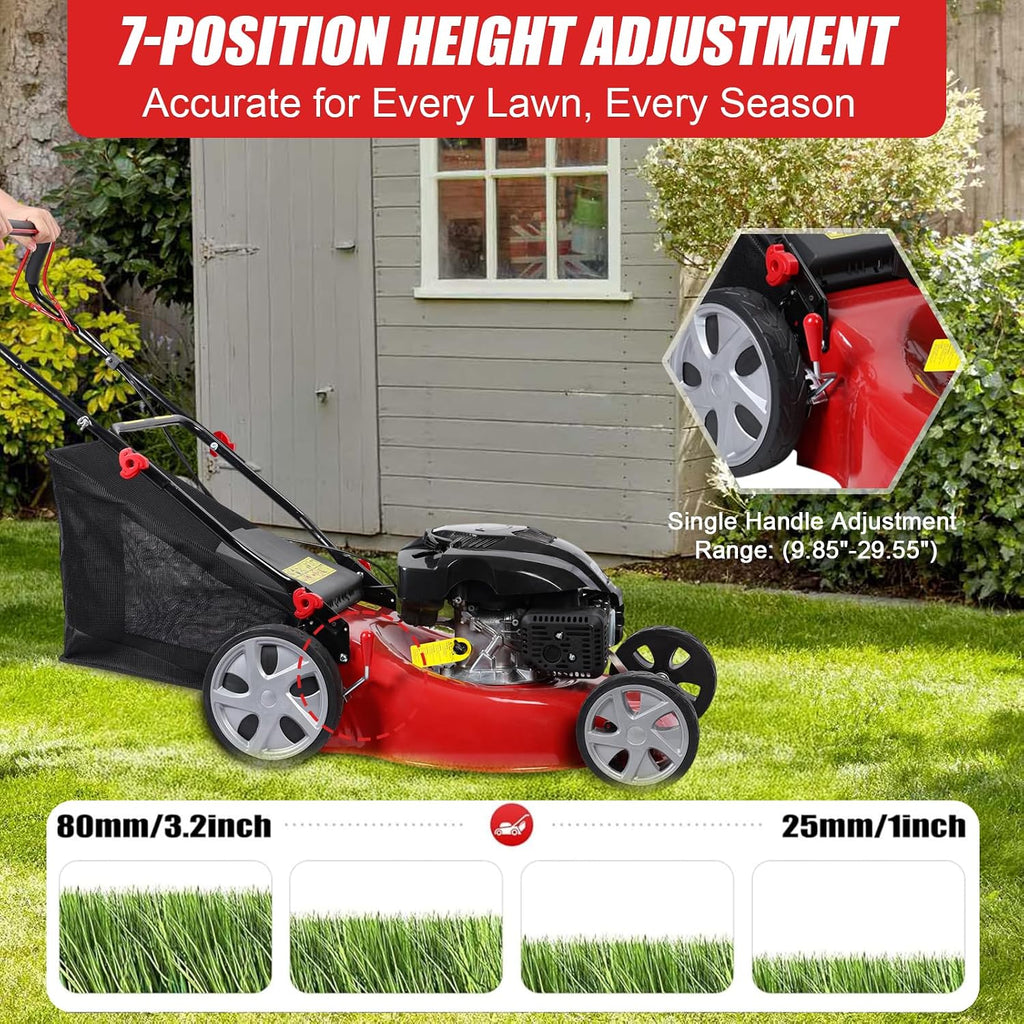 Self Propelled Gas Lawn Mower, 141cc 4-Stroke Push Lawn Mower, 20 Inches Walk-Behind Lawn Mowers, Cordless Lawn Mowers Manual Lawn Mowers with 50L Grass Tank ＆ Big Wheels for Home, Yard, Gard