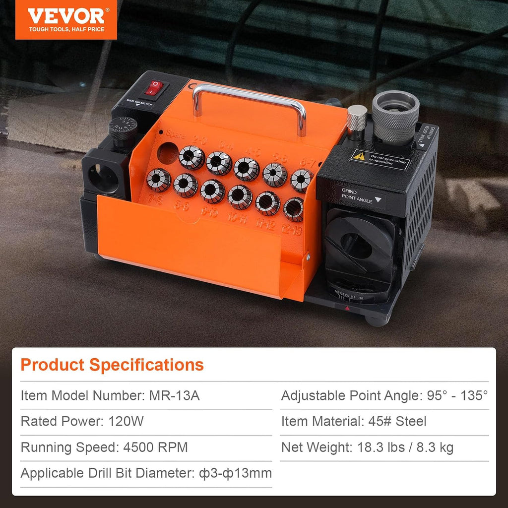 VEVOR Drill Bits Sharpener, MR-13A Drill Bits Grinder Sharpener 3-13mm, 95° to 135° Point Angle Adjustable Drill Bit Re-Sharpener, Portable Bits Sharpening Machine with 11 Collets, CBN Wheel for HSS