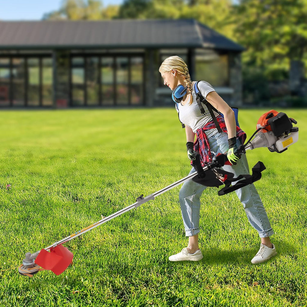 YIYIBYUS 33CC Weed Wacker Eater Gas Powered, 2-Cycle 5.74FT String Trimmer/Edger with Two Blade Heads, Lawn Mower Hedge Trimmer with Rubber Handle & Shoulder Strap