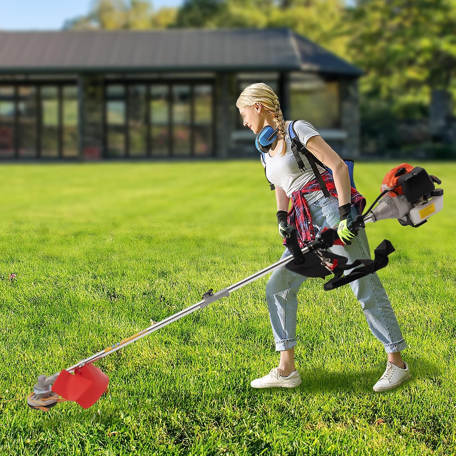 Weed Eater Gas Powered Edger, 33CC 2 Blade Heads, Air-Cooled 2 Stroke Cordless Lawn Edgers Gas Powered Weed Trimmer with Handle & Shoulder Strap for Garden Lawn Grass Trimmer