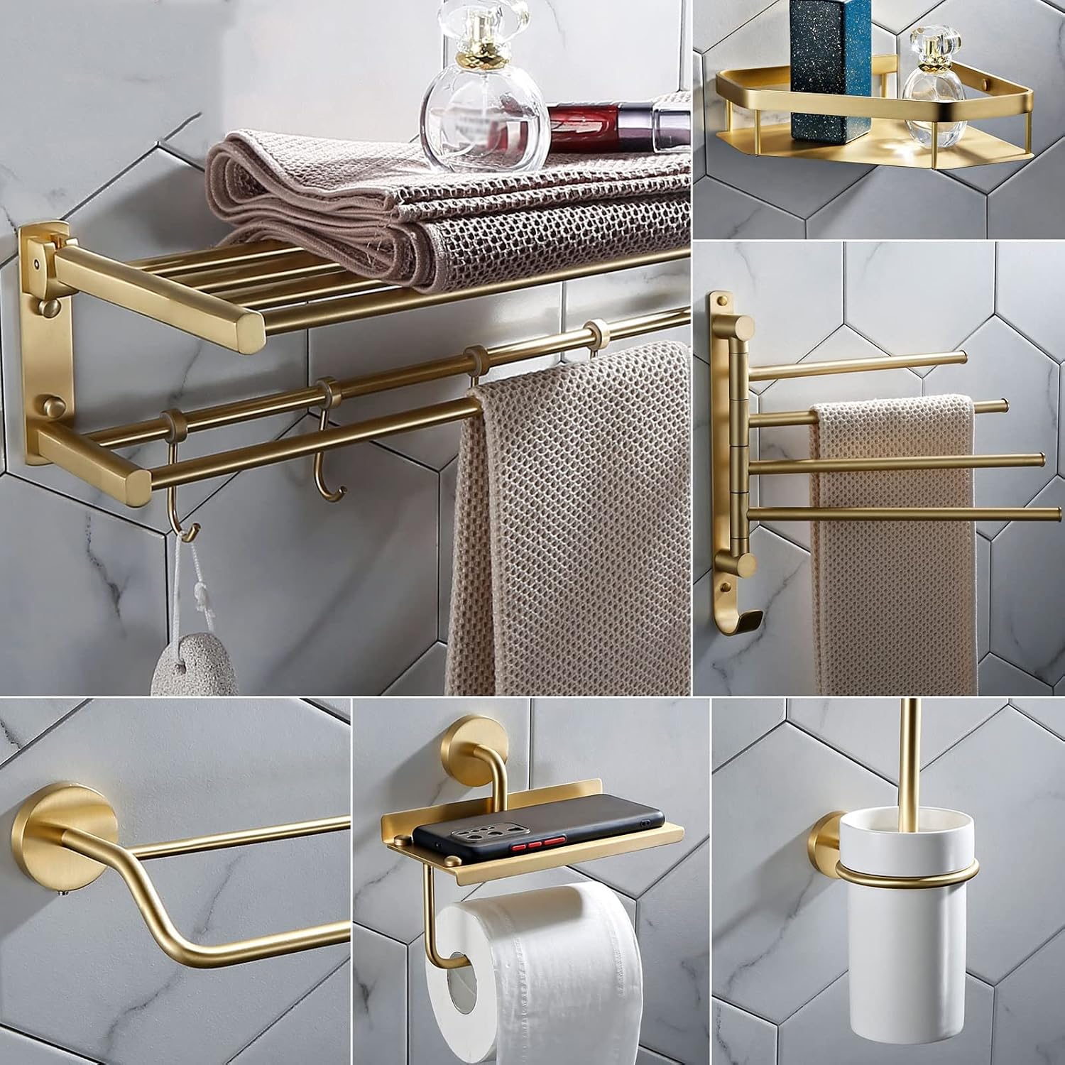 Bathroom Shelves All Copper Brushed Gold Towel Rack Bar Rail, Simple and Light Luxury Bath Towel Rack, Bathroom Bathroom Rack, Hardware Pendant Set (Color : Folding Bathrobe)
