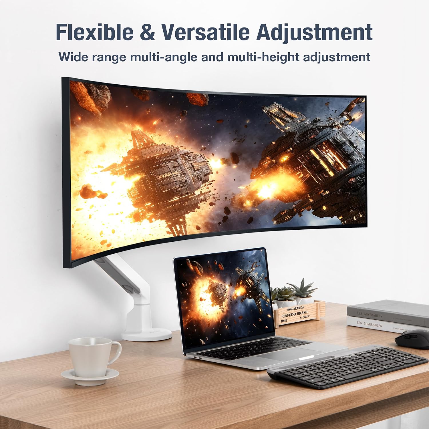 AVLT Single 13'-38' Monitor Arm Desk Mount fits One Flat/Curved/Ultrawide Screen Full Motion Height Swivel Tilt Rotation Adjustable Arm - VESA/C-Clamp/Cable Management - White
