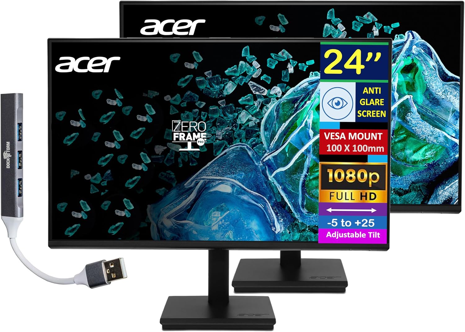 acer Vero V7 V247 Gbmipx 24' FHD IPS Monitor with 4ms Response Time, Anti Glare, VESA Mount (100mm), HDMI, VGA & Dockztorm USB Port Expander, Black Color (UM.QV7AA.G05) 2 Pack