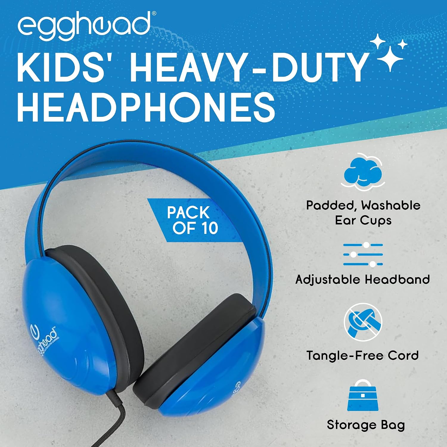 Egghead Heavy-Duty Kids' Headphones with Padded Ear Cups and 6' Cord, Adjustable Tangle-Free Plastic Classroom Headphones for Kids, Blue (Pack of 40)
