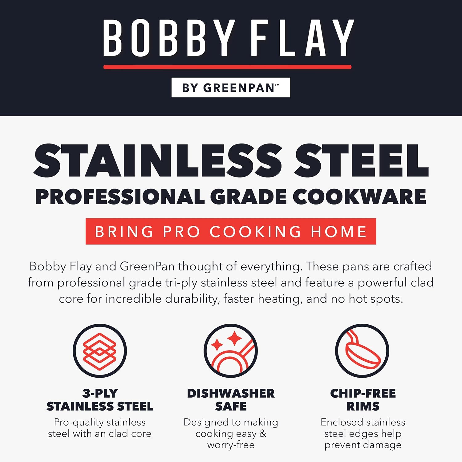 GreenPan x Bobby Flay 10 Piece Stainless Steel Cookware Set, Tri-Ply Multiclad Pots & Pans, Professional Grade, Oven & Broiler Safe to 600°F, Dishwasher Safe, Durable, Induction Compatible, Silver