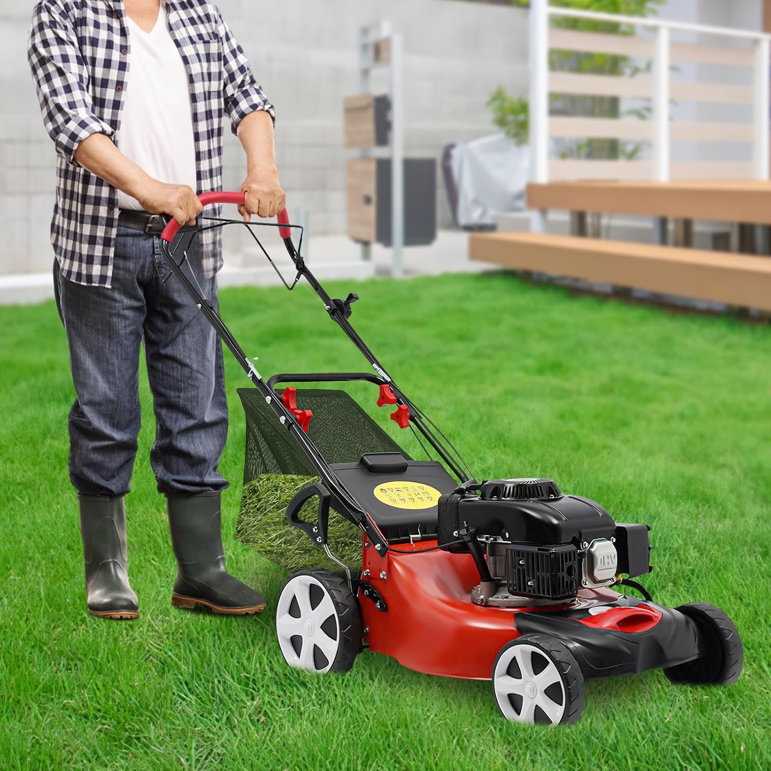 20.5 in Self Propelled Gas Lawn Mower, 140cc 4-Stroke High Wheel FWD Gas Walk Behind Self Propelled Lawn Mower 1.6L for Lawn Planting for Weeding
