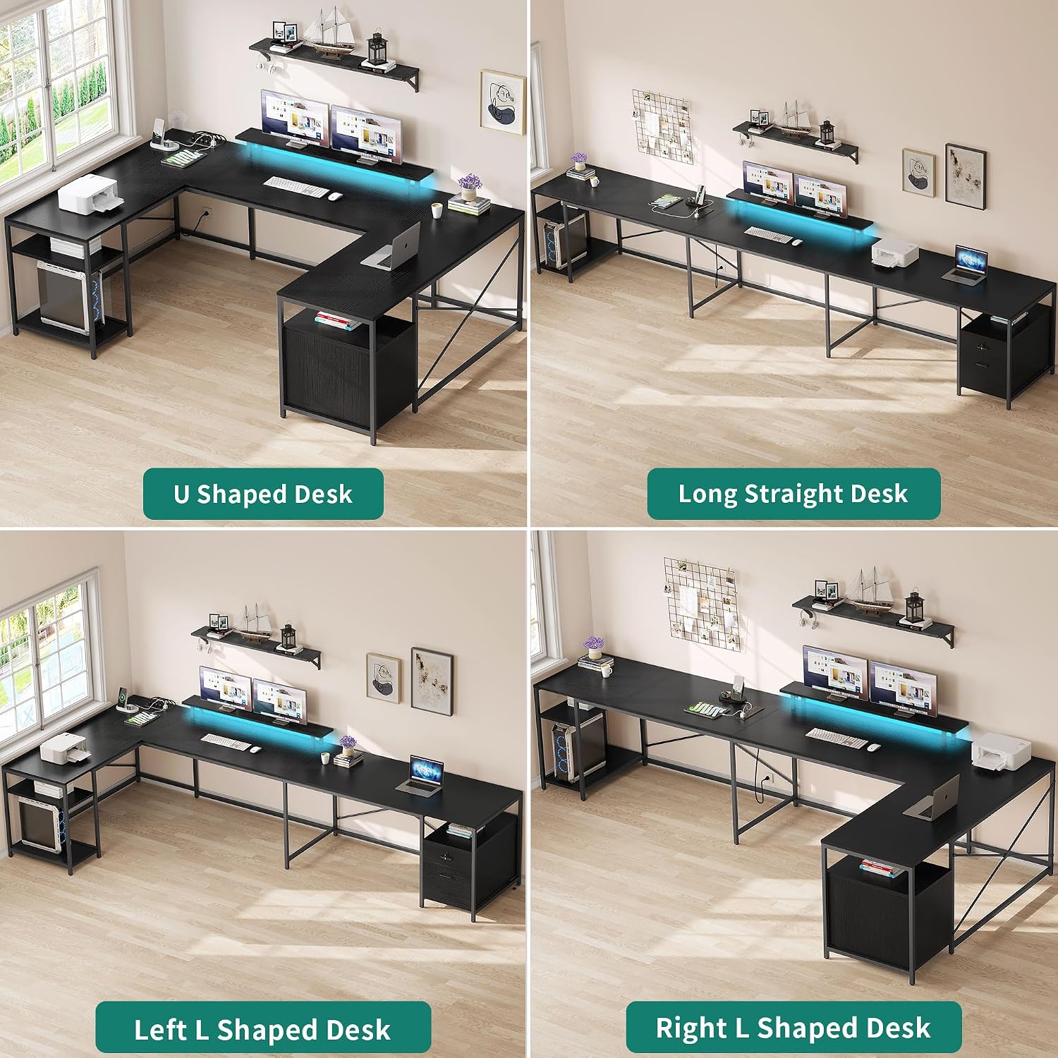 YITAHOME U Shaped Desk with Power Outlets & LED Lights, 79' Reversible L Shaped Desk with Drawers, Corner Computer Desk Office Desk with Monitor Stand & Storage Shelves, Black