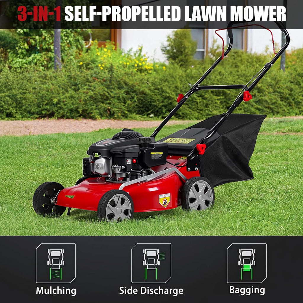 3 in 1 Gas Lawn Mower Self Propelled Gas Lawn Mower, 131cc 4-Cycle Push Lawn Mower with 50L Grass Tank, Bagging, Mulching, and Side Discharge, 8-Position Lever Height Adjustment (A)