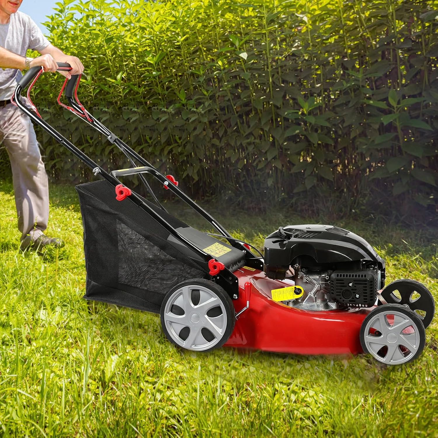 Self-Propelled Gas Push Lawn Mower, 141cc 20-Inch 4-stroke Engine & Lightweight Design Walk-Behind Mower, 50L Grass Catcher With Foldable Handle & Big Wheels, Yard Garden Patio Weed Wacker Red