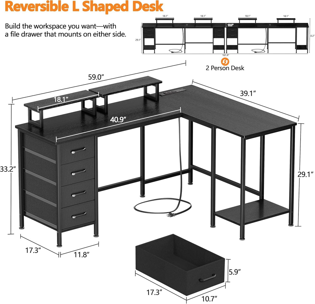 Korfile 59 inch L Shaped Computer Desk with Power Outlets, Home Office Desk with 4 Adjustable Storage Drawers & 2 Monitor Stands, Two Person Gaming Table for Bedroom, Black