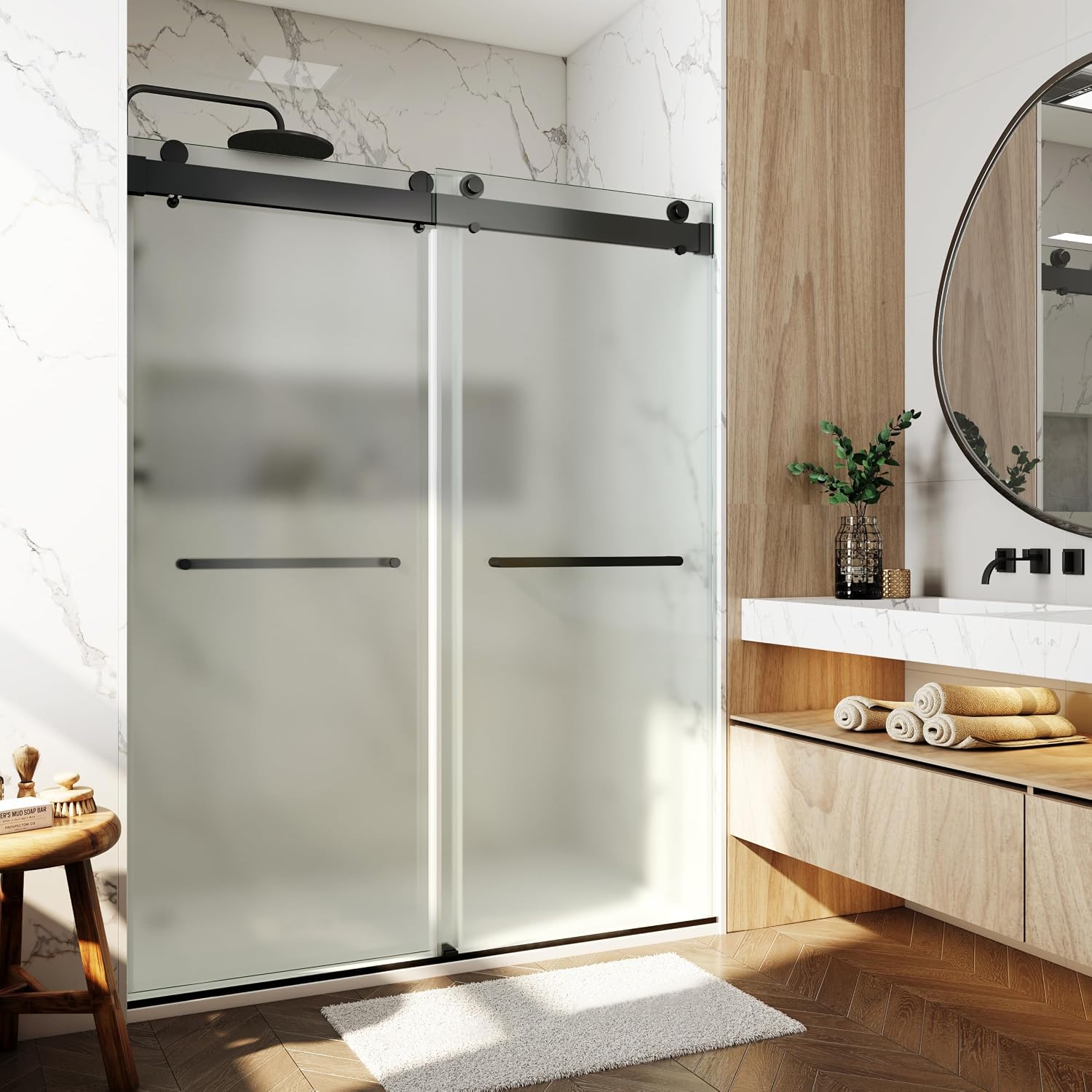 56-60' W x 76' H Single Sided Frosted Shower Doors Soft Close Double Sliding Frameless 3/8'(10mm) Temperedd Glass with Towel Bar Handle (Matte Black)