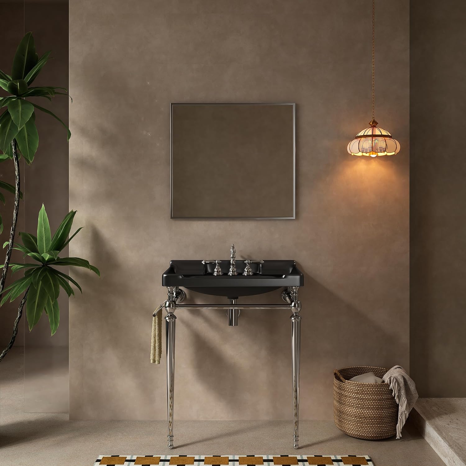 28' Free Standing Bathroom Vanity with Stainless Steel Chrome Supporting Leg and Towel Rack, Black Bathroom Console Sink with 3 Tap Holes, Black