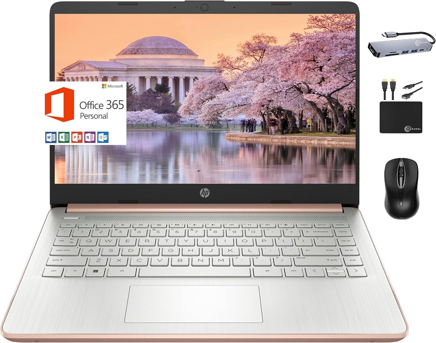 HP 2024 Premium 14' Micro-Edge Portable Laptop Student Business, Intel Quad-Core N4120, 8GB RAM, 256GB (128GB eMMC+ 128GB Card), WiFi, Windows 11S + 1 Year Office 365, MarxsolAccessory Rose Gold