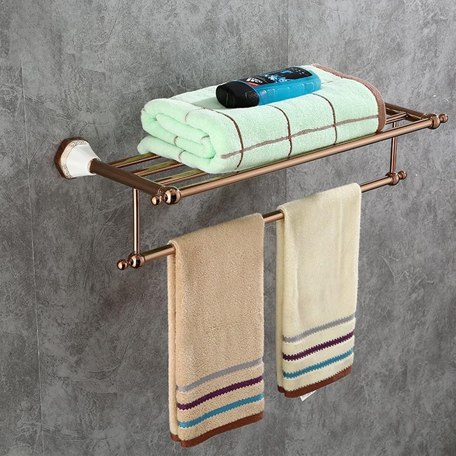 Towel Rack, Rose Gold Towel Rack with Double Towel Bar Copper + Zinc Alloy + Ceramic Modern Wall Mounted Towel Holder 24.6 Inch for Bathroom
