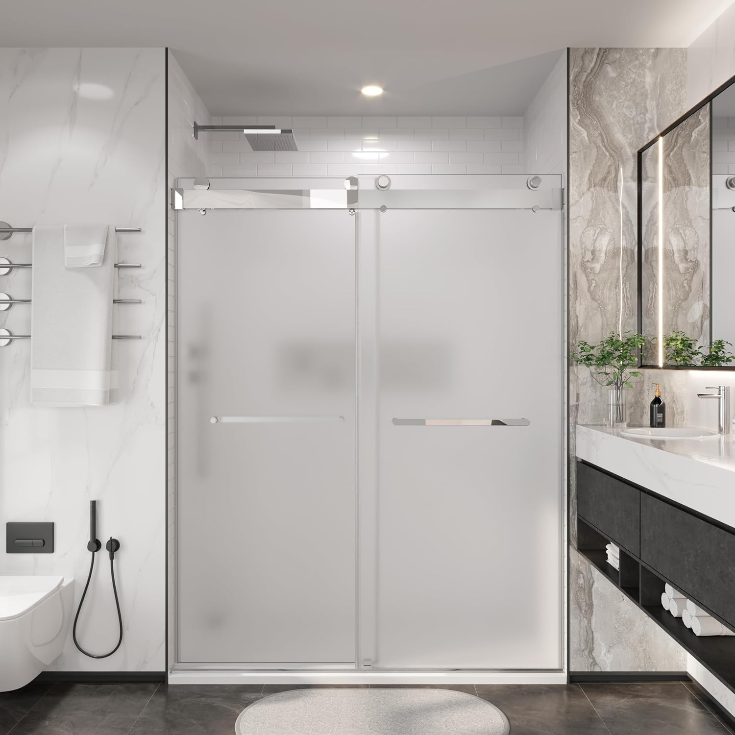 3/8'(10mm) Frosted Glass Shower Doors 56-60' W x 79' H Soft Closing System Double Sliding Frameless Towel Bar Handle Stainless Steel Hardware (Chrome)