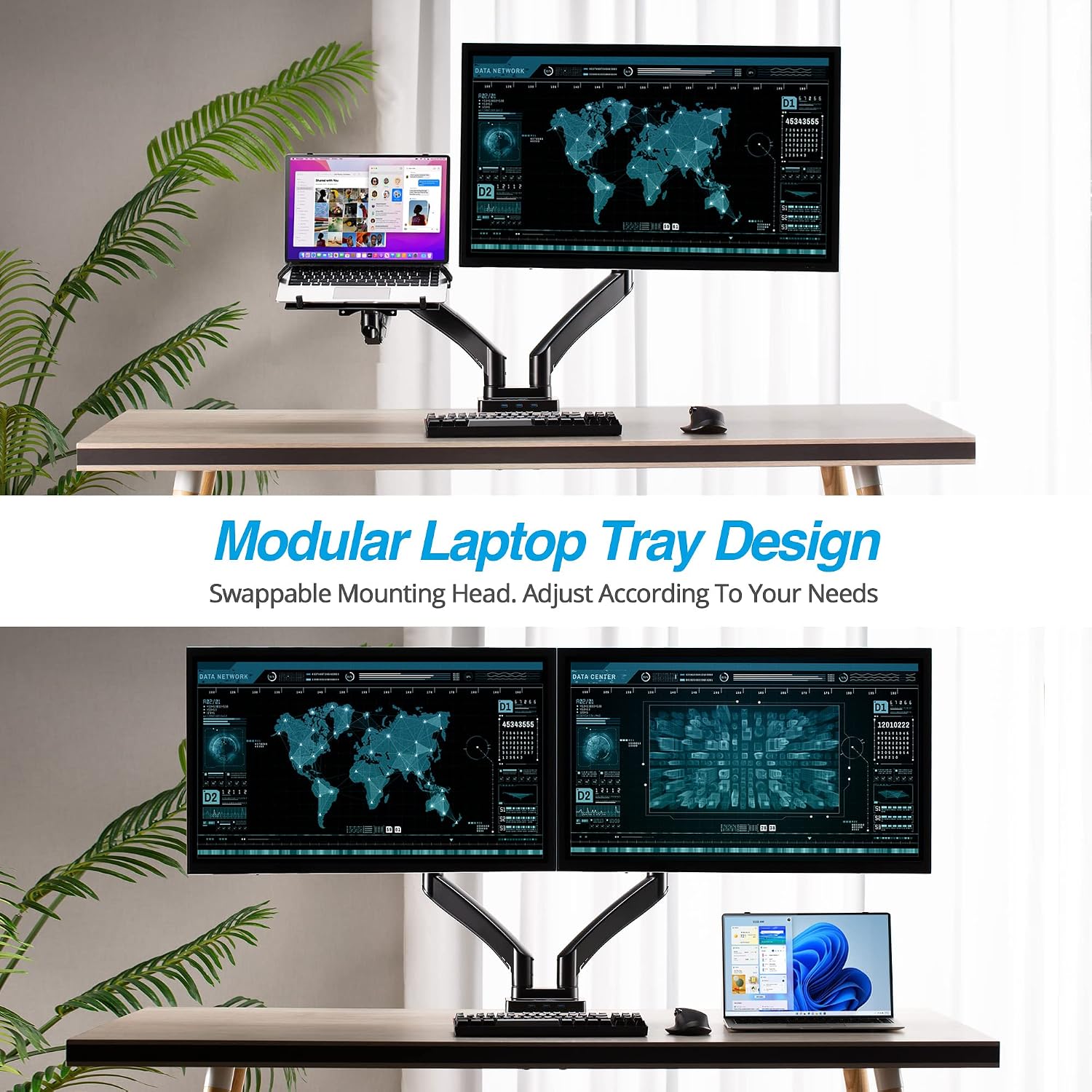 AVLT Dual 17'-43' Monitor Arm Desk Mount with 15' Laptop Tray and USB-C&A Docking Station 5Gbps, HDMI 4K60Hz, Ethernet, 100W PD, Fits Two Flat/Curved Monitor - Black