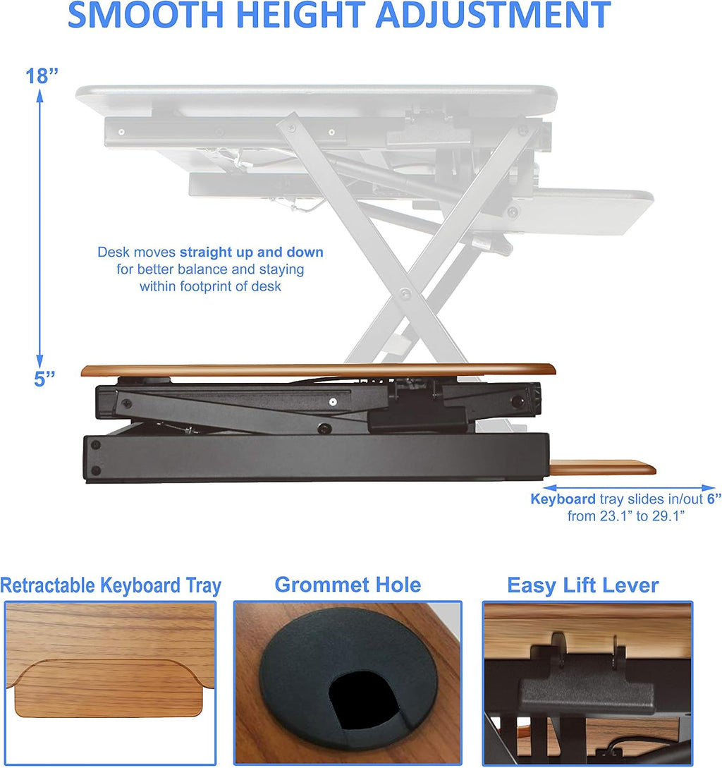Rocelco 32' Height Adjustable Standing Desk Converter - Sit Stand Computer Workstation Riser - Dual Monitor Retractable Keyboard Tray Gas Spring Assist - Teak Wood Grain (R EADRT)