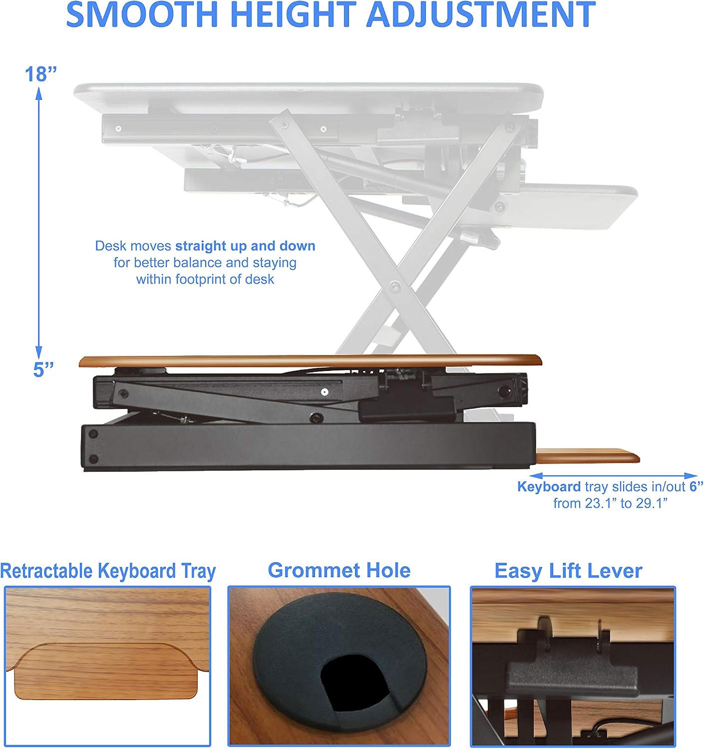 Rocelco 32' Height Adjustable Standing Desk Converter - Sit Stand Computer Workstation Riser - Dual Monitor Retractable Keyboard Tray Gas Spring Assist - Teak Wood Grain (R EADRT)