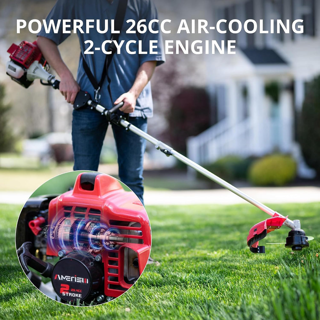 AMERISUN Weed Trimmer Gas Powered 26cc, Gas Weed Eater 2 in 1, 2 Cycle Air-Cooled Engine 10'' Brush Blade 16'' Cutting Width with Rubber Handle & Shoulder Strap Portable Quick Start