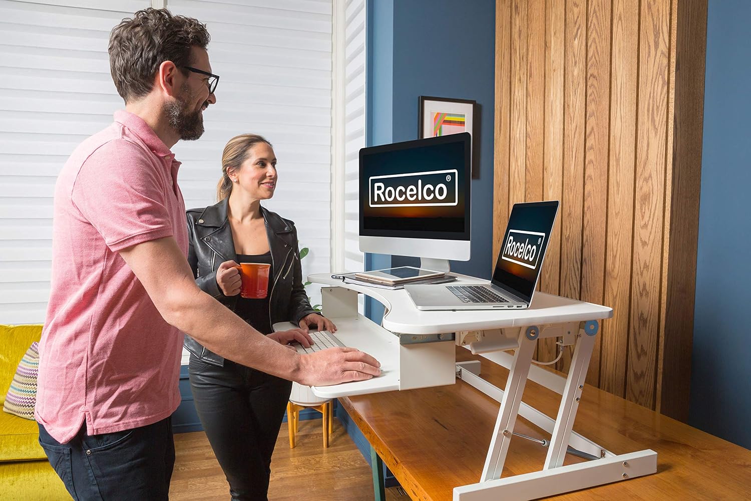Rocelco 37.5' Deluxe Height Adjustable Standing Desk Converter - Quick Sit Stand Up Dual Monitor Riser - Gas Spring Assist Computer Workstation - Large Retractable Keyboard Tray - White (R DADRW)
