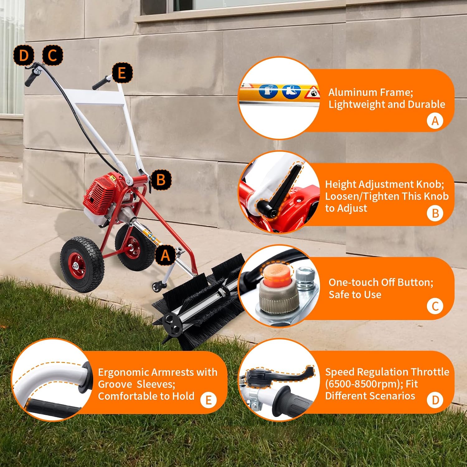 Gas Power Sweeper 43CC 1.7HP Sweeping Broom for Lawn Carpet Artificial Grass Brush Sweeper with Gearbox and Height-Adjustable Handle Snow Cleaning Machine