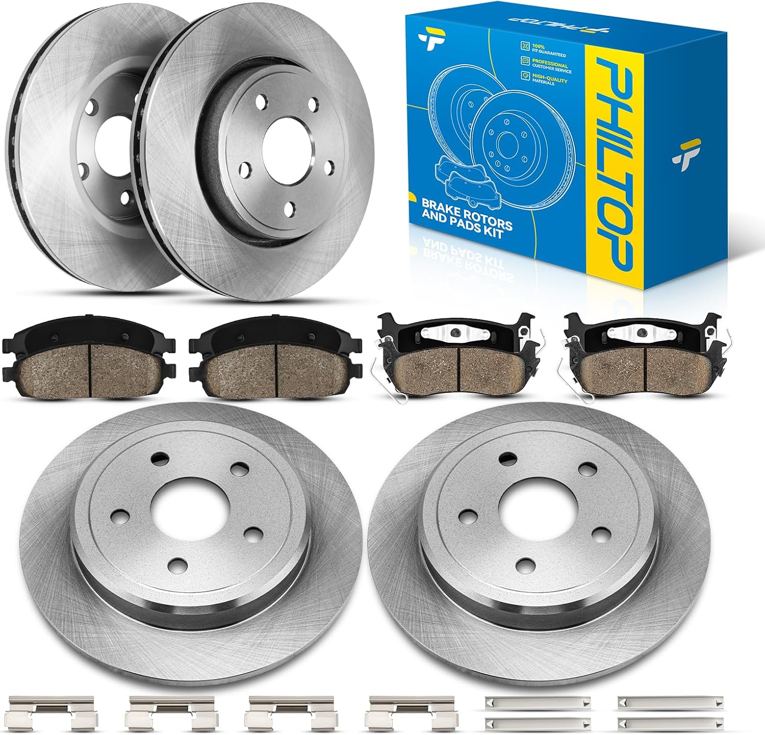 PHILTOP Front & Rear Brake Kit For 2005 2006 2007 2008 2009 2010 Jeep Grand Cherokee, Brake Rotors Ceramic Brakes Pads Replacement : 12.91' inch Front, 12.59' inch Rear Rotor
