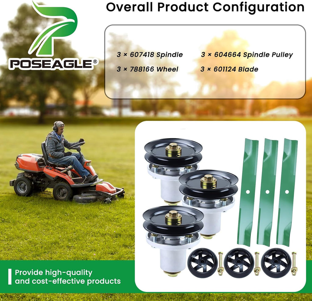 54 Inch Mower Deck Rebuild Kit for Hustler Raptor Flip-Up, Raptor SD 935833 936476 935833 Includes 3 Pack 601804 Spindle Assembly with 604664 Pulley 788166 Wheel 601124 Blade