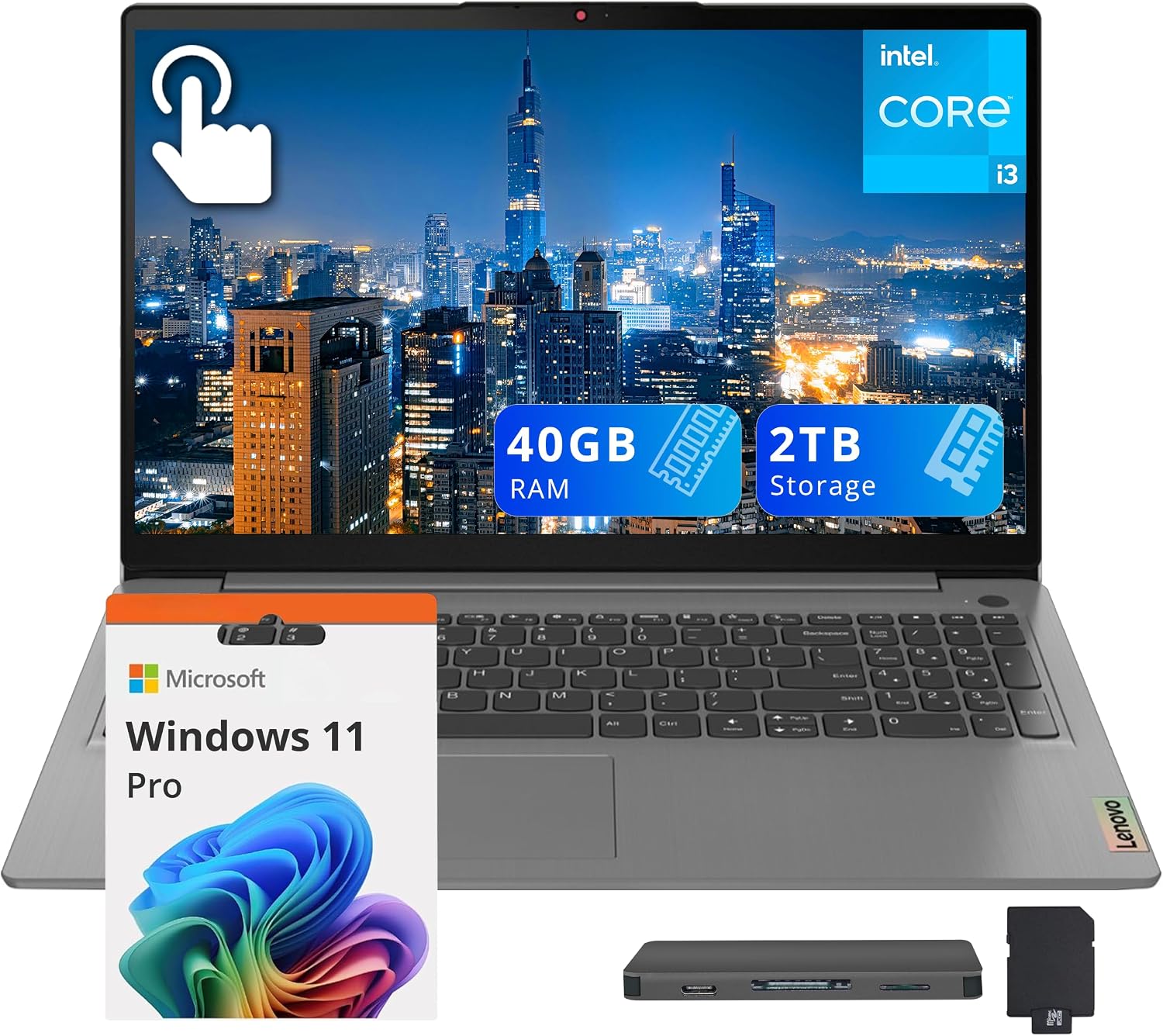 Lenovo Ideapad 3 15.6' FHD IPS Anti-Glare Touch Laptop, Intel Core i3-1115G4, 40GB DDR4, 2TB Storage (1TB SSD+1TB Docking Station), 720p HD Camera with Privacy Shutter, WiFi 6, Win 11 Pro, Grey