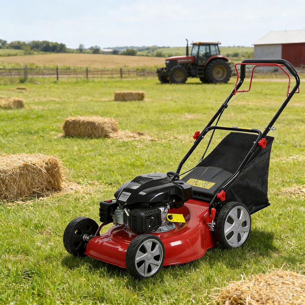 141cc Self Propelled Gas Lawn Mower, 20' 3-in-1 (Bag/Mulch/Side Discharge) with 50L Grass Catcher & Foldable Handle, 7 Height Settings and Big Wheels for Hills & Uneven Lawns, Easy Fold for Storage R