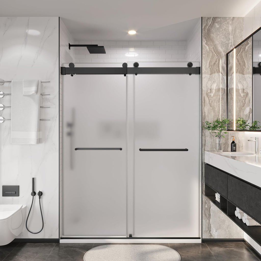 3/8'(10mm) Frosted Glass Shower Doors 56-60' W x 79' H Soft Closing System Double Sliding Frameless Towel Bar Handle Stainless Steel Hardware (Matte Black)