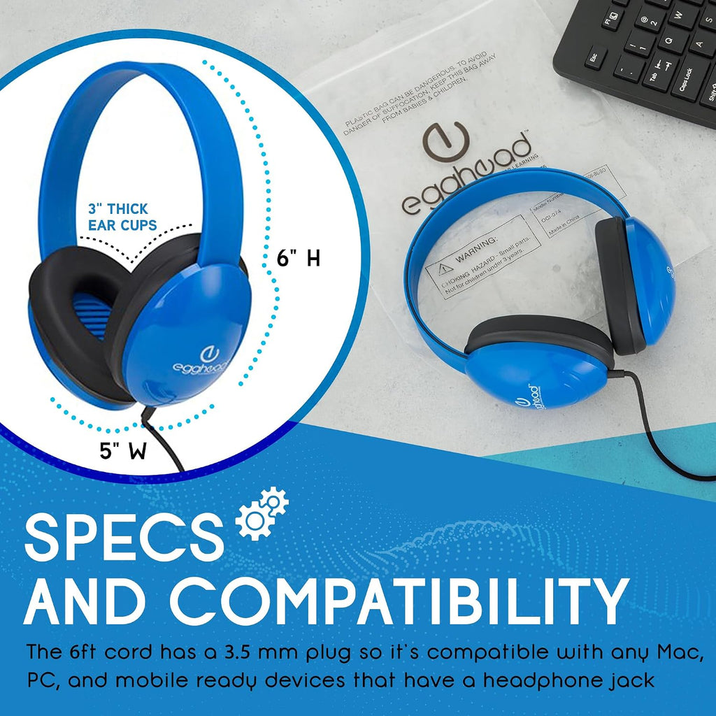 Egghead Heavy-Duty Kids' Headphones with Padded Ear Cups and 6' Cord, Adjustable Tangle-Free Plastic Classroom Headphones for Kids, Blue (Pack of 40)