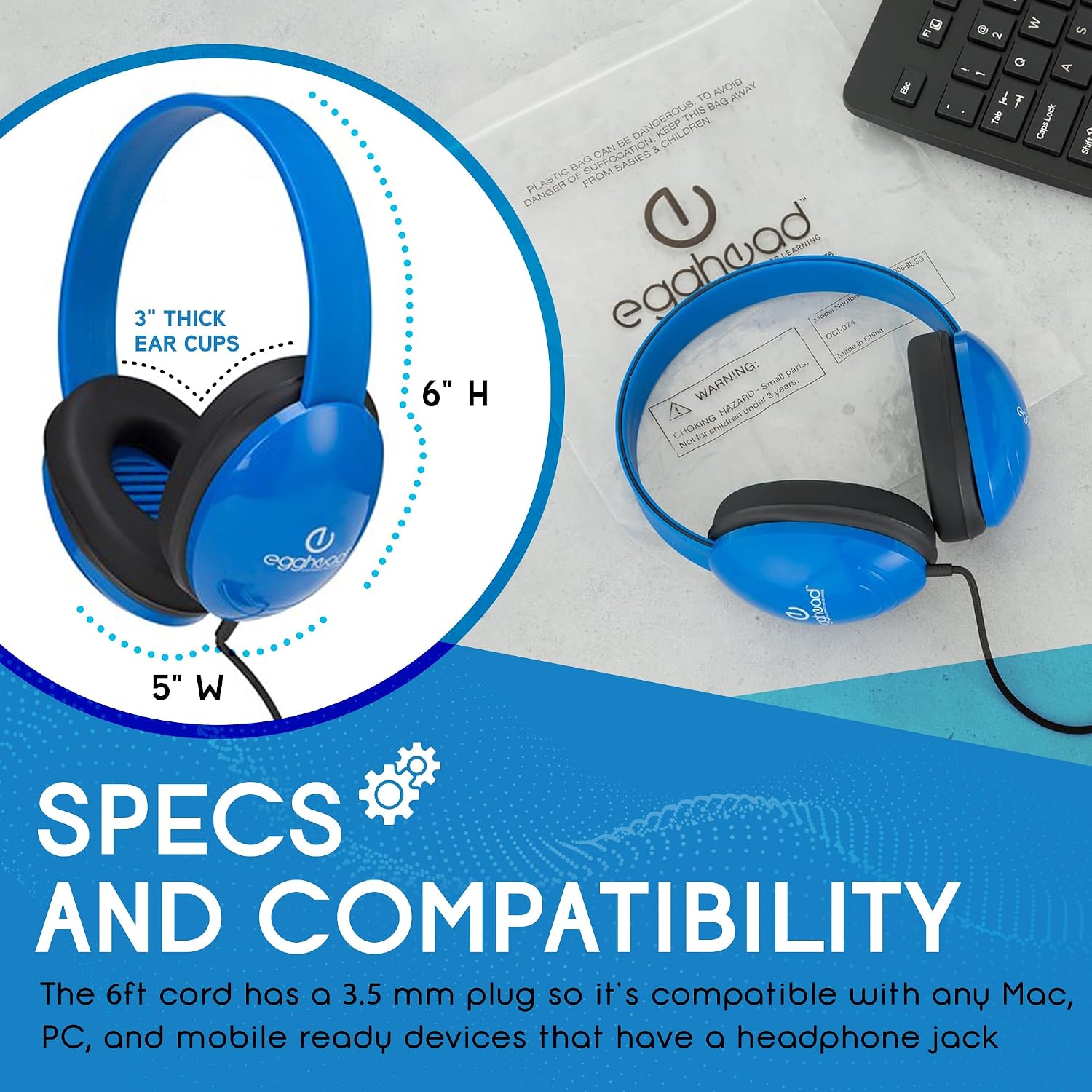 Egghead Heavy-Duty Kids' Headphones with Padded Ear Cups and 6' Cord, Adjustable Tangle-Free Plastic Classroom Headphones for Kids, Blue (Pack of 40)
